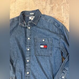 VTG Y2k TOMMY Hilfiger JEANS Logo Flag Pocket Denim Oversized Shirt L USA